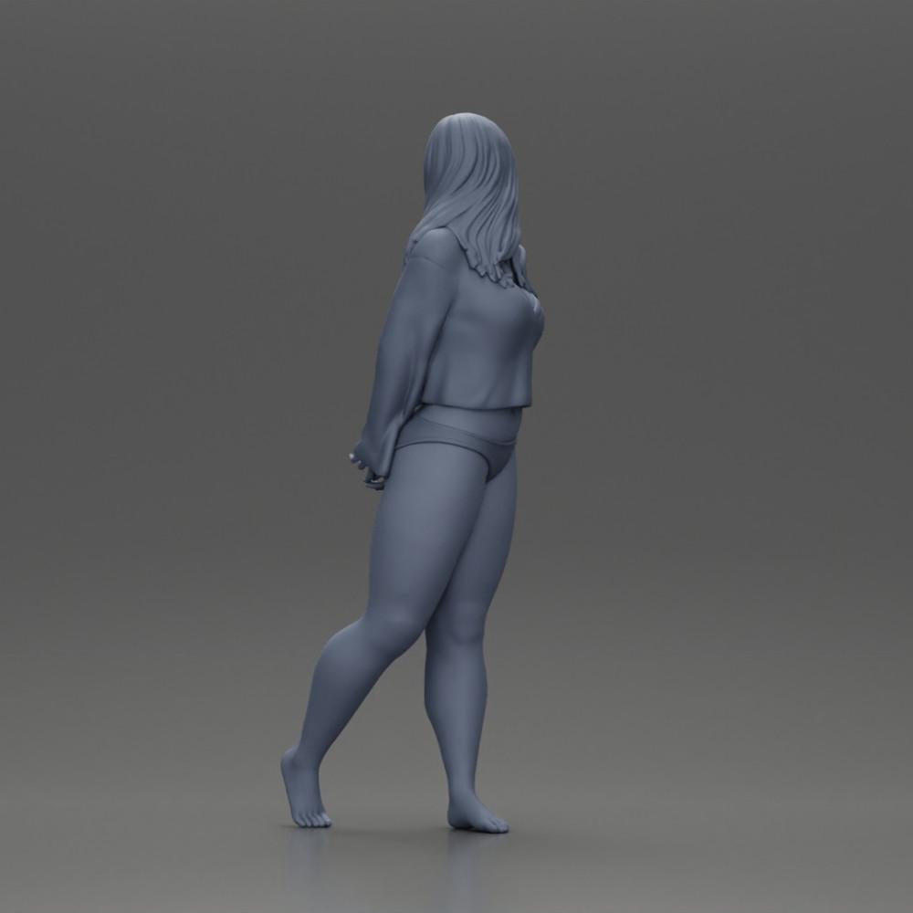 Diorama modélisme photo produit 9 : Figurine miniature féminine pour diorama, bikini et t-shirt à manches longues, mains derrière (Ref Nr. A53)