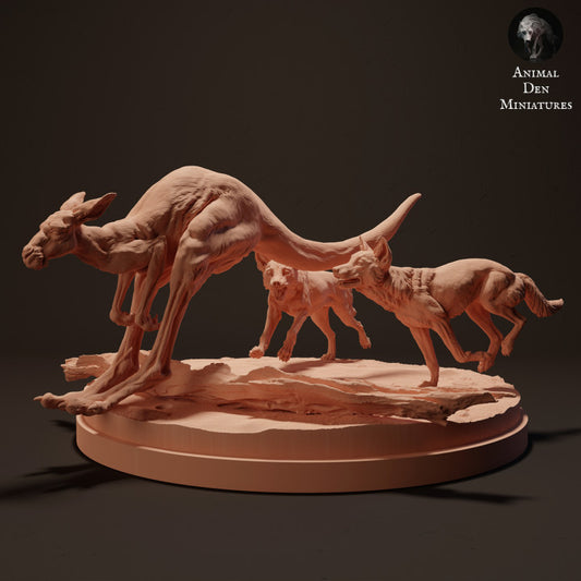 Photo produit figurine animale Animal Den Miniatures 0 : figurine d’animal sauvage : des dingos chassent un kangourou roux géant (23_04_09)
