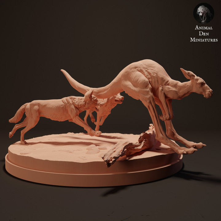 Photo produit figurine animale Animal Den Miniatures 1 : Figurine d’animal sauvage : des dingos chassent un kangourou roux (23_04_09)