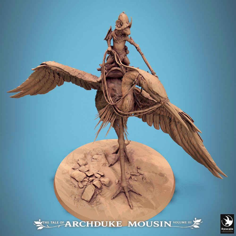 Photo de produit Tabletop 28mm Lord of the Print (LotP) 3 : Figurine fantastique : Homme-animal Chevalier souris sur héron, éclaireur cavalier oiseau, cavalerie légère, héros cavalier Heron Walk (25_07_D3)