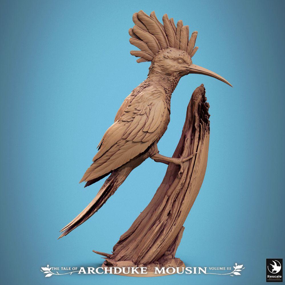 Photo de produit Tabletop 28mm Lord of the Print (LotP) 0 : Miniature Tabletop : Espion Huppe - Hoopoe Spy, créature oiseau et oiseau totem, familier et éclaireur sur base de diorama en tronc d'arbre (25_07_E3)