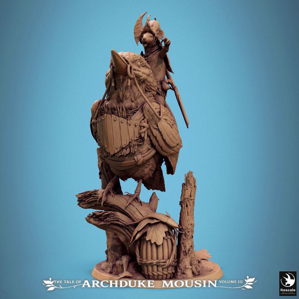 Photo de produit Tabletop 28mm Lord of the Print (LotP) 0 : Miniature Tabletop : Souris-Chevalier en tant que cavalier oiseau, cavalier rongeur avec hache et bouclier, commandant sur base de tronc d'arbre (25_07_F5)