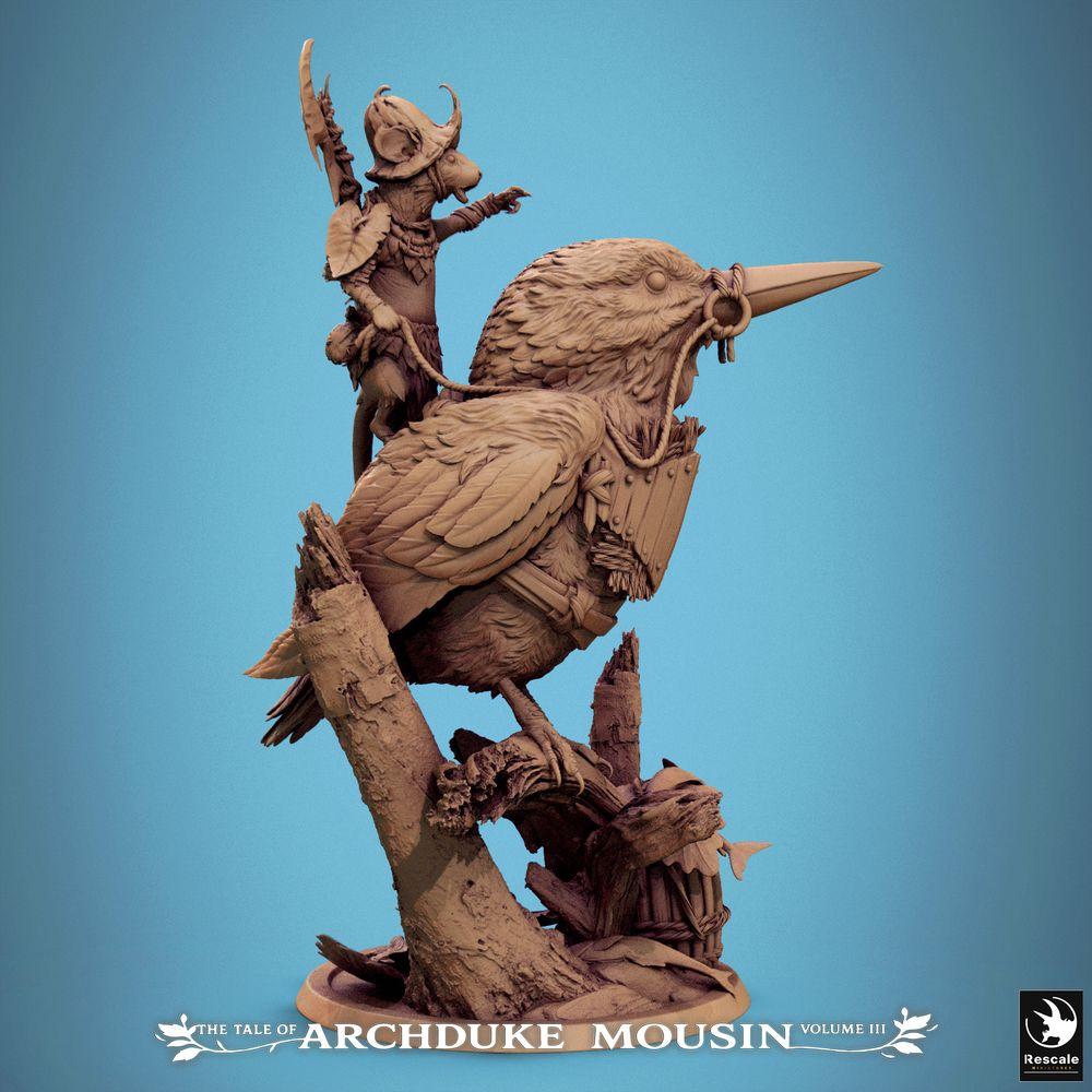 Photo du produit Tabletop 28mm Lord of the Print (LotP) 1 : Miniature Tabletop : Chevalier Souris en tant que cavalier oiseau, cavalier rongeur avec hache et bouclier, commandant sur base de tronc d'arbre (25_07_F5)