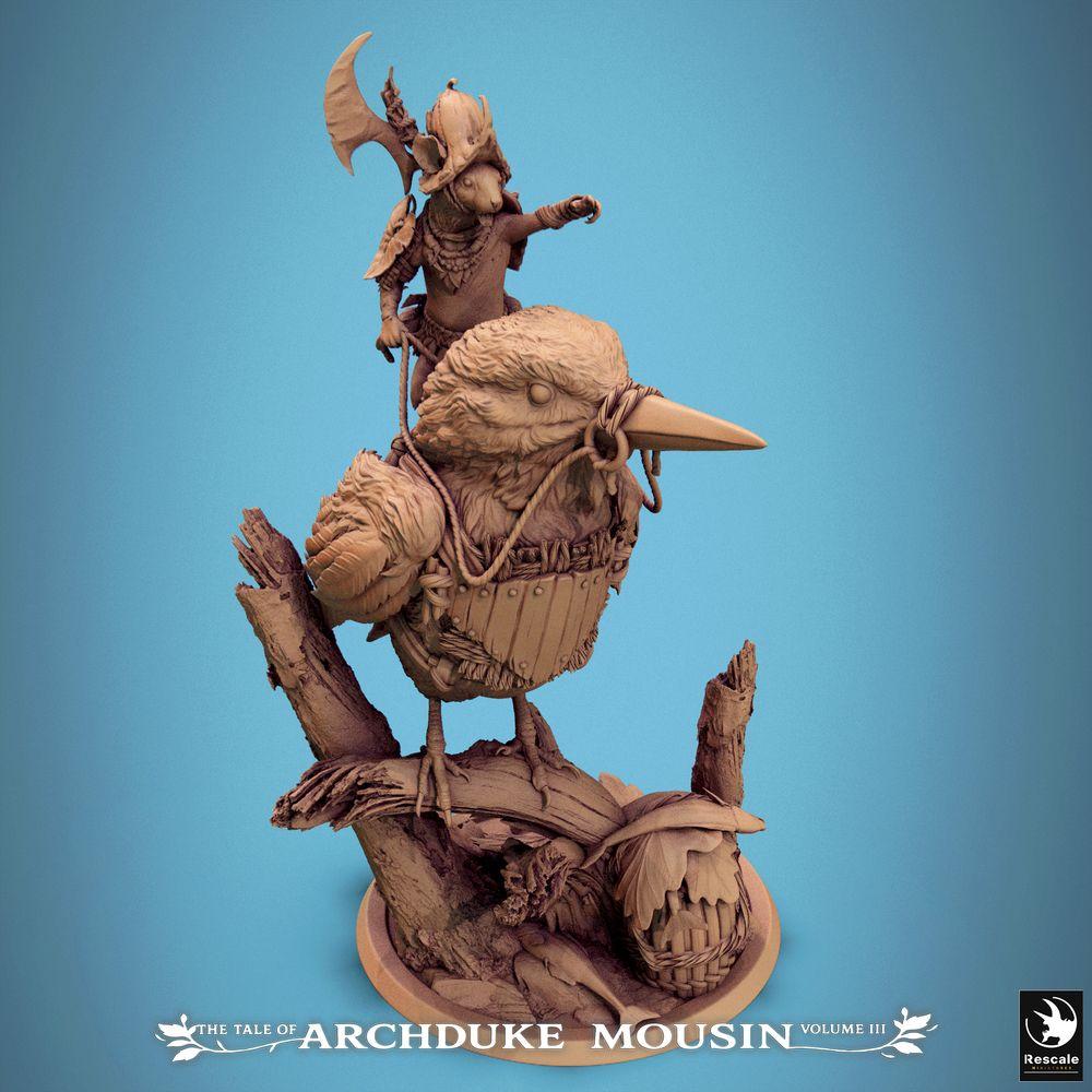 Photo du produit Tabletop 28mm Lord of the Print (LotP) 2 : Miniature Tabletop : Souris-Chevalier en tant que cavalier d'oiseau, rongeur cavalier avec hache et bouclier, commandant sur base de tronc d'arbre (25_07_F5)