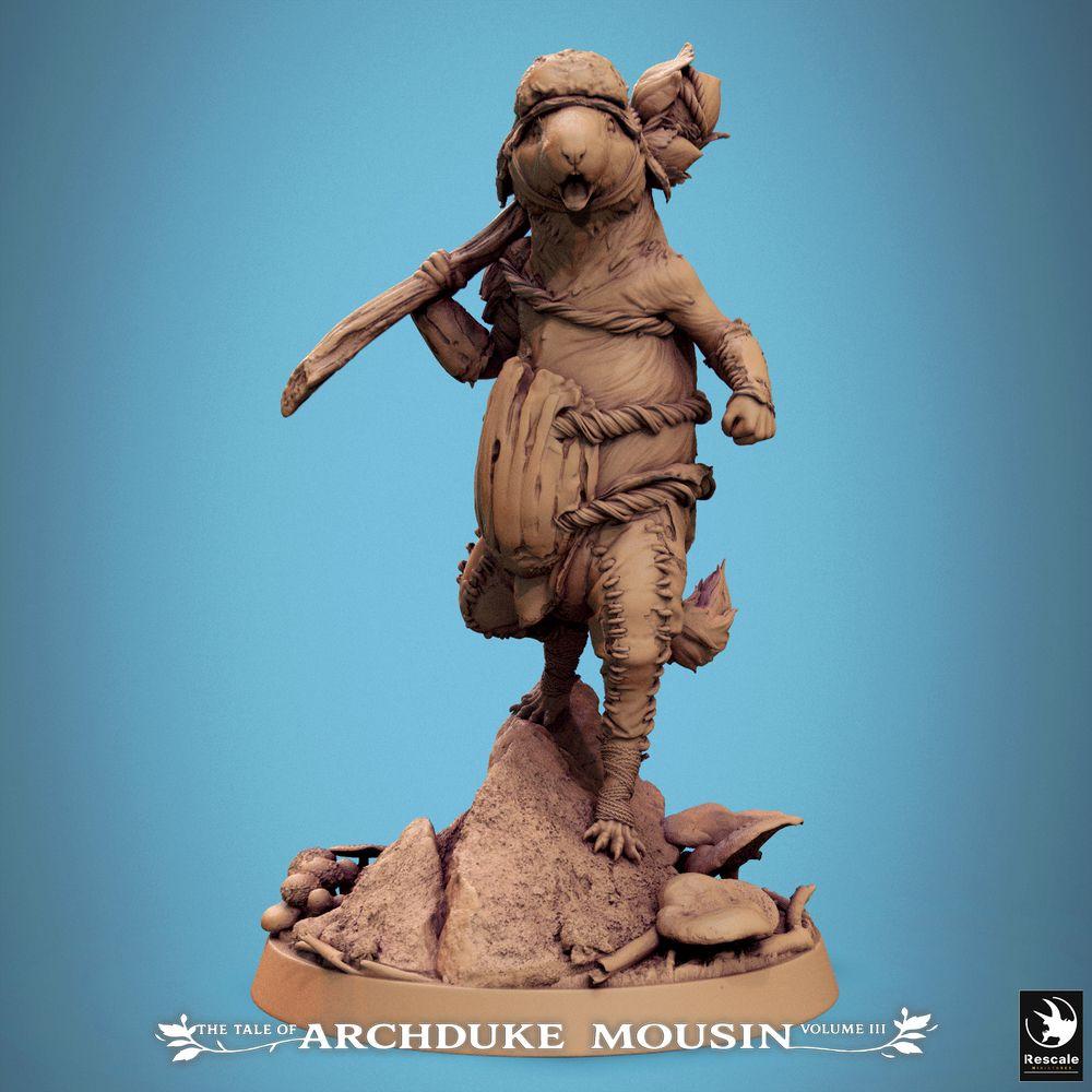 Photo de produit Tabletop 28mm Lord of the Print (LotP) 0 : Miniature Tabletop : Guerrier Nagermensch / Rattenmensch Ranger, Barbare avec massue, chef appelant sur base en roche (25_07_L7)