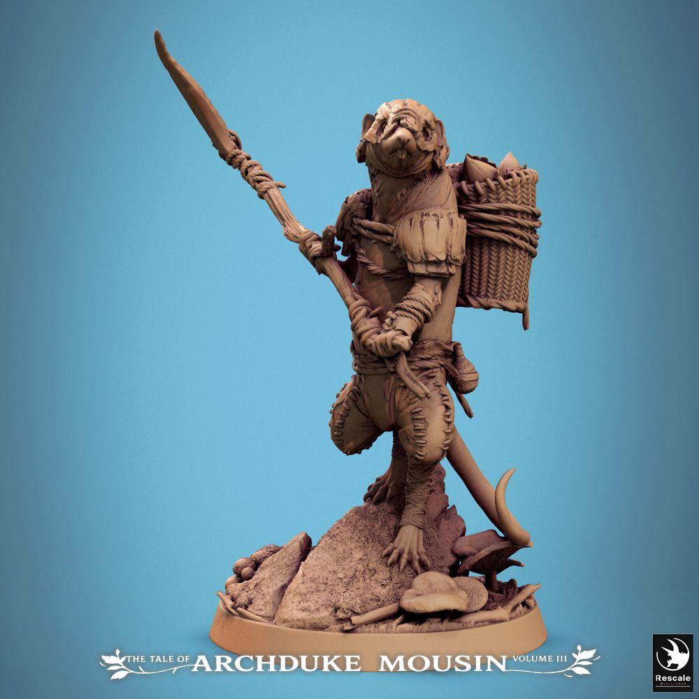 Photo de produit Tabletop 28mm Lord of the Print (LotP) 0 : Figurine fantastique : Gardien musaraigne avec lance - Éclaireur souriceau, rôdeur/espion, aventurier Beastfolk (Gardien étrusque) (25_07_K5)