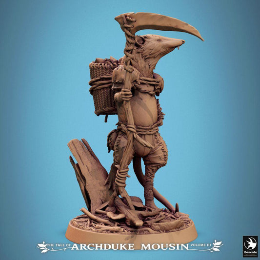 Photo de produit Tabletop 28mm Lord of the Print (LotP) 0 : Miniature Tabletop : Ranger et éclaireur Souris - Humanoïde en look de musaraigne (Musaraigne étrusque) avec faux, bâton de marche et panier (25_07_K7)
