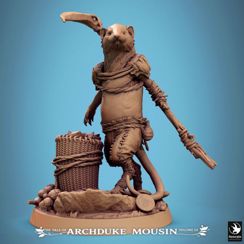 Photo de produit Tabletop 28mm Lord of the Print (LotP) 0 : Miniature fantastique : Peuple des souris, éclaireurs et lanceurs, porteurs de lance sur socle scénique avec panier de provisions (25_07_K9)
