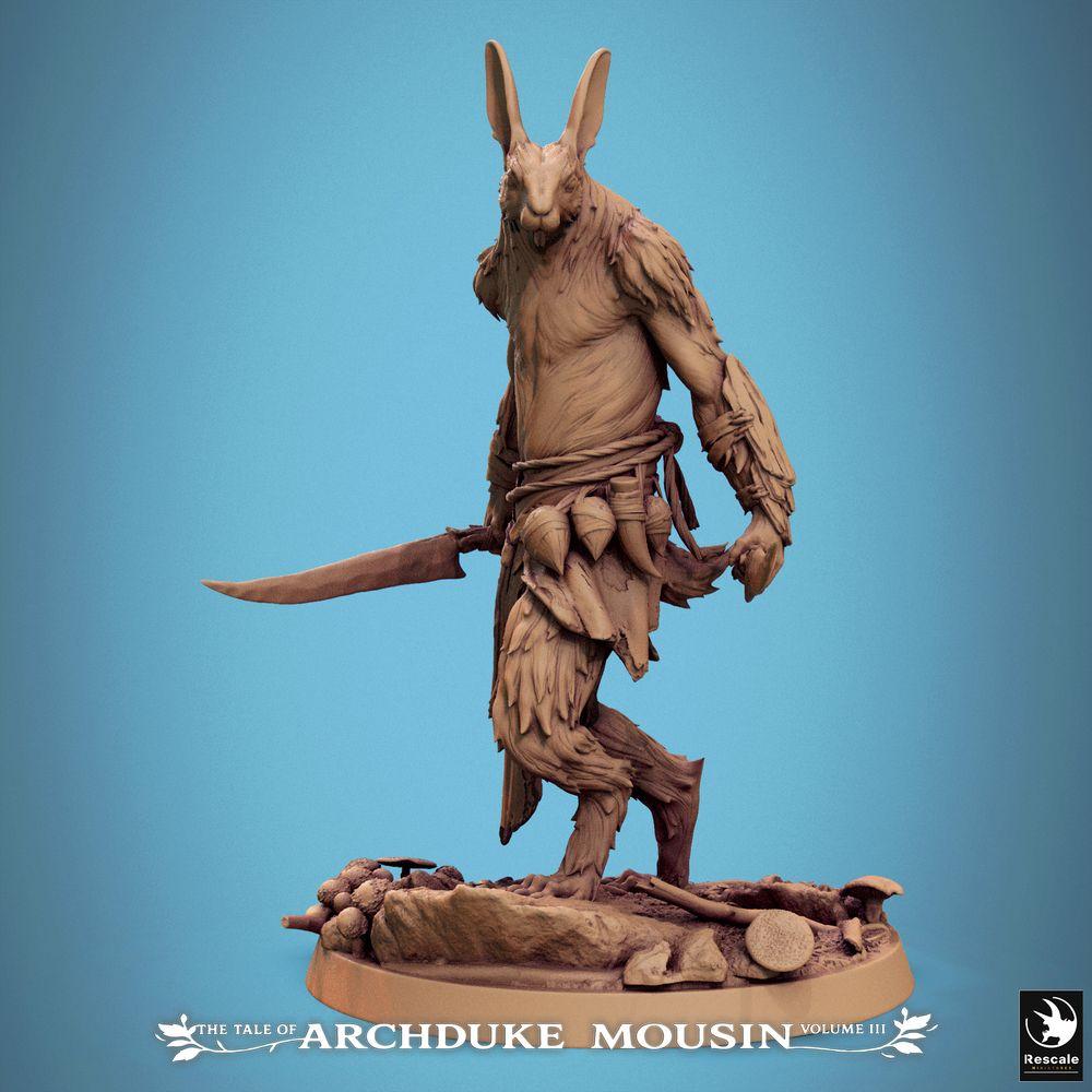 Photo de produit Tabletop 28mm Lord of the Print (LotP) 0 : Figurine fantastique : Guerrier lapin, homme-animal rôdeur, épéiste avec sabre courbe, Rabbit Warrior (25_07_N13)