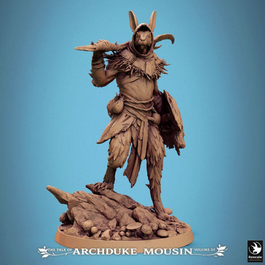 Photo de produit Tabletop 28mm Lord of the Print (LotP) 0 : Miniature Tabletop : Guerrier lapin humanoïde - Ranger, éclaireur et voleur avec lame en faucille et bouclier rond sur base rocheuse - Triomphe du Lapin (25_07_N17)