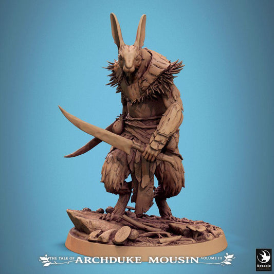 Photo du produit Tabletop 28mm Lord of the Print (LotP) 0 : Miniature Tabletop : Guerrier homme-lapin, rôdeur et assassin embusqué avec deux cimeterres (Vengeance du Lapin) (25_07_N19)