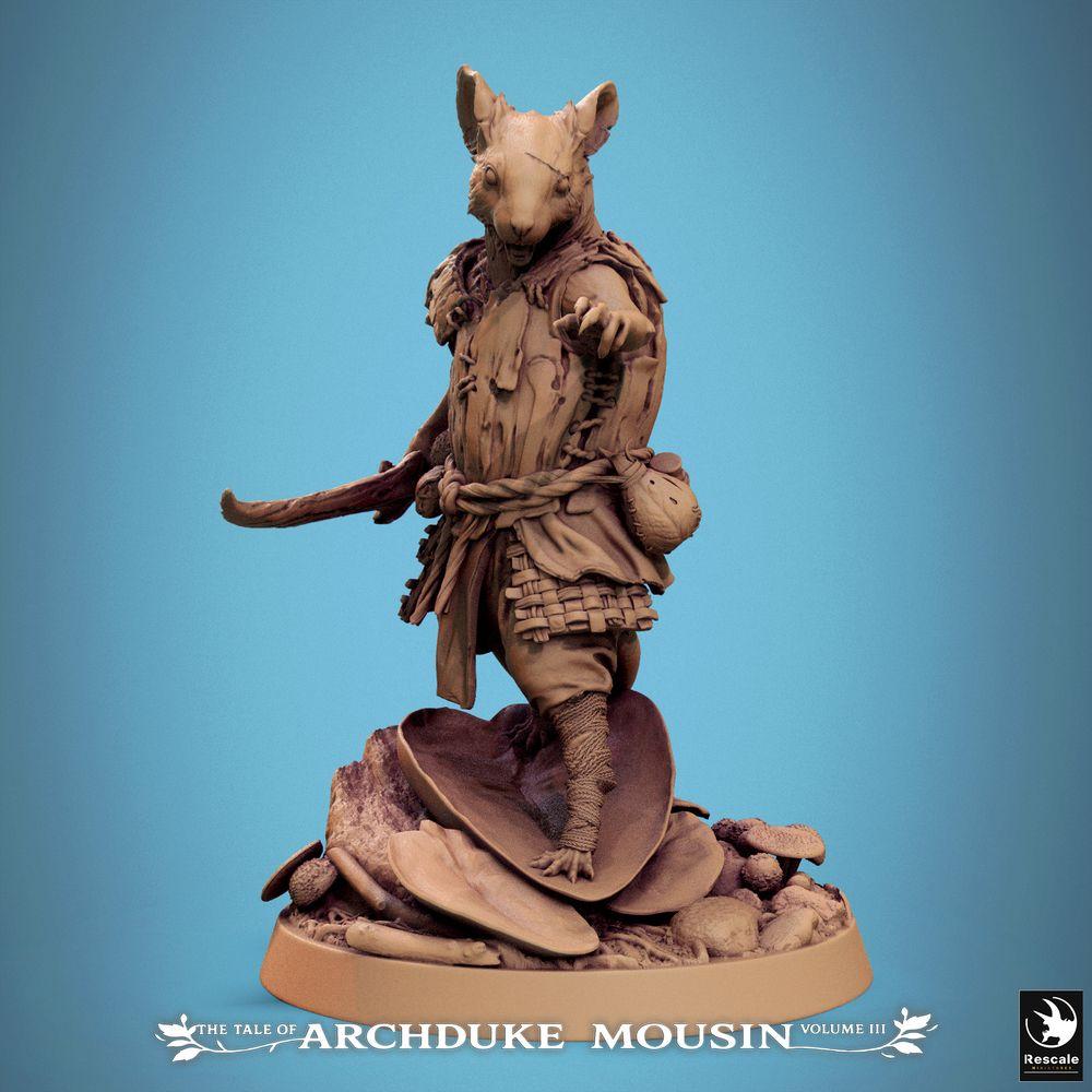 Photo de produit Tabletop 28mm Lord of the Print (LotP) 0 : Miniature Tabletop : Guerrier Souris Humanoïde, Ranger/Voleur avec Sabre Courbé, pose commandante sur base forestière (25_07_G7)