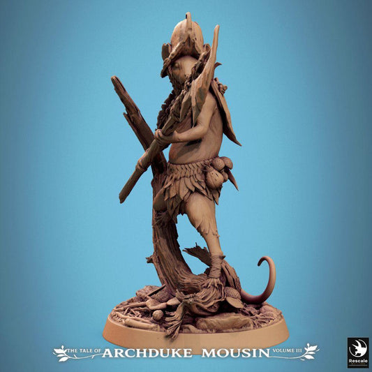 Photo de produit Tabletop 28mm Lord of the Print (LotP) 0 : Miniature Tabletop : Homme-souris éclaireur et scout avec lance, guerrier tribal, homme-rat (25_07_H3)