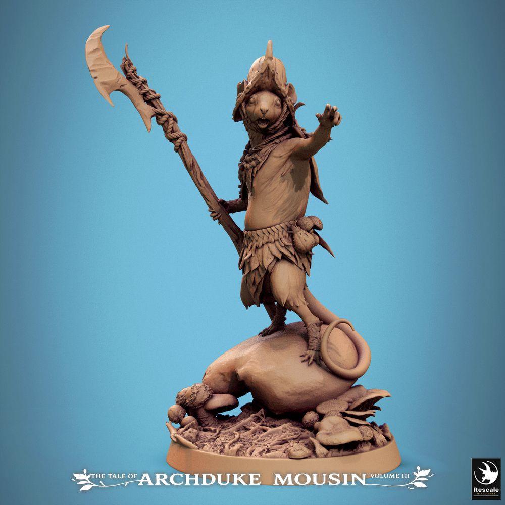 Photo de produit Tabletop 28mm Lord of the Print (LotP) 0 : Miniature Tabletop : Guerrier Souris Tierfolk avec Hallebarde - Chevalier Rongeur, Gardien de la Forêt, Chef de Clan, Leader de Skirmish, Modèle Boss (25_07_H5)