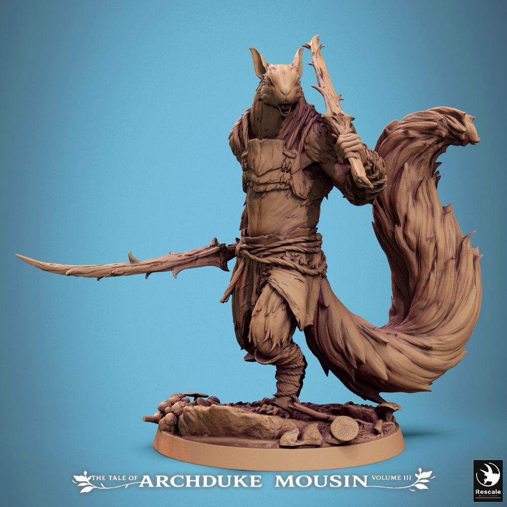 Photo de produit Tabletop 28mm Lord of the Print (LotP) 0 : Figurine fantastique : Écureuil-homme ranger - Garde écureuil, guerrier bestial et épéiste avec épée courbée et poignard (25_07_M3)