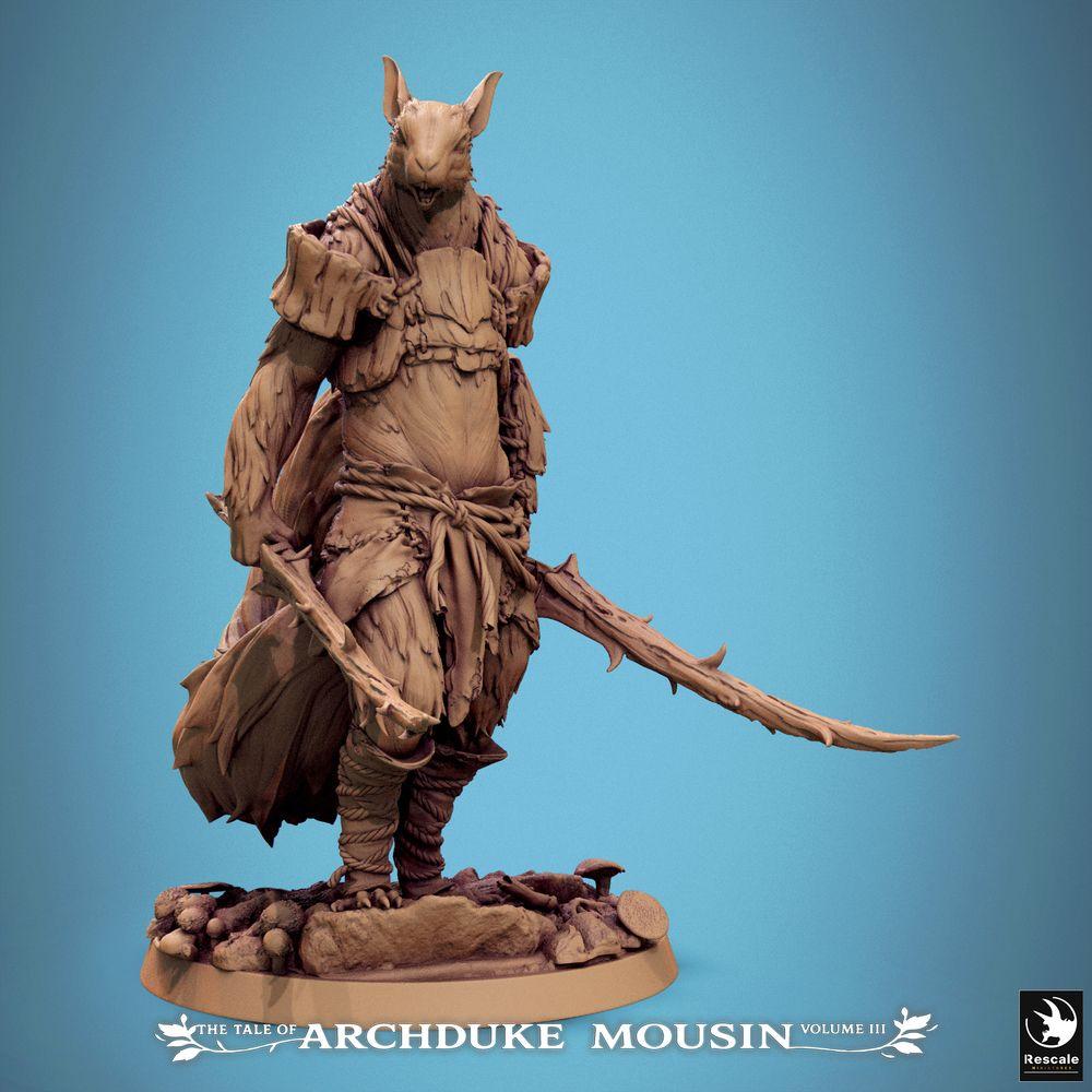 Photo de produit Tabletop 28mm Lord of the Print (LotP) 0 : Miniature Tabletop : Chef Ratkin avec deux lames courbées - Seigneur animal, duelliste, épéiste, maniement double, escarmouche/RPG, monstre boss, base de diorama forêt/caverne (25_07_M9)