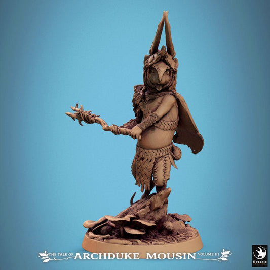 Photo de produit Tabletop 28mm Lord of the Print (LotP) 0 : Miniature Tabletop : Magicien des rats / Magicien des souris - Chaman, druide et chef des animaux avec bâton et coiffe cornue, boss pour Wargaming, donjon, escarmouche (25_07_I1)