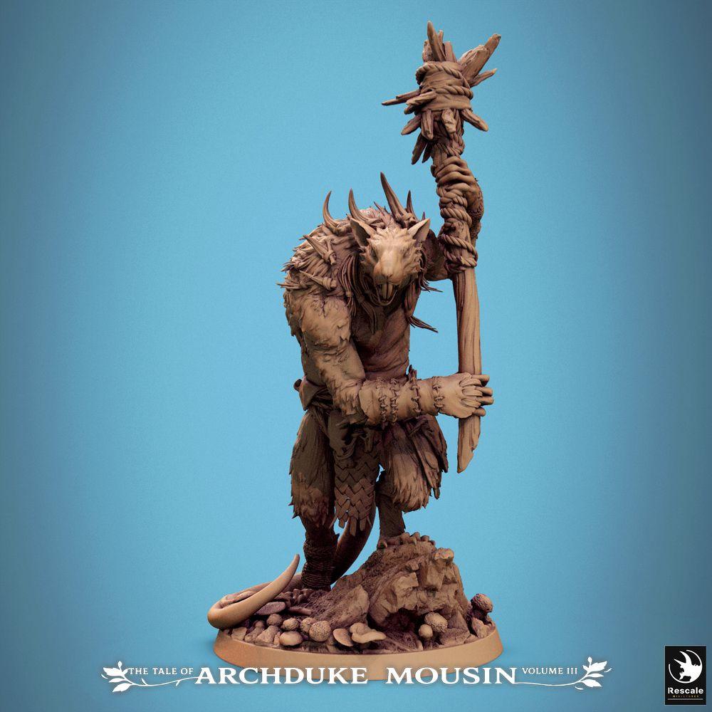 Photo de produit Tabletop 28mm Lord of the Print (LotP) 0 : Miniature Tabletop : Chaman Rat-Homme avec bâton totem - Prêtre des bêtes, sorcier tribal, porteur de totem | Rat Attack (25_07_O1)