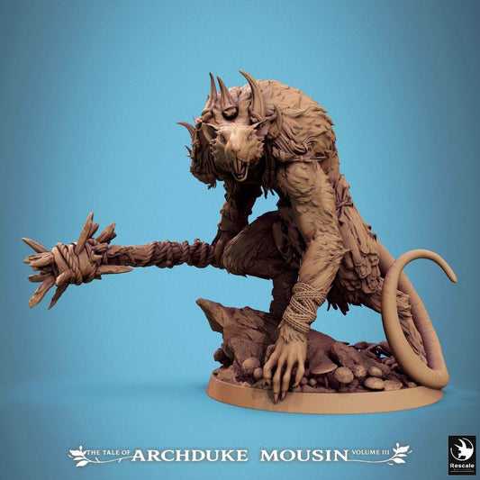 Photo de produit Tabletop 28mm Lord of the Print (LotP) 0 : Miniature fantastique : Rat-ogre / Homme-rat, guerrier bestial avec massue à piques, monstre boss souterrain et ennemi de donjon (25_07_O3)