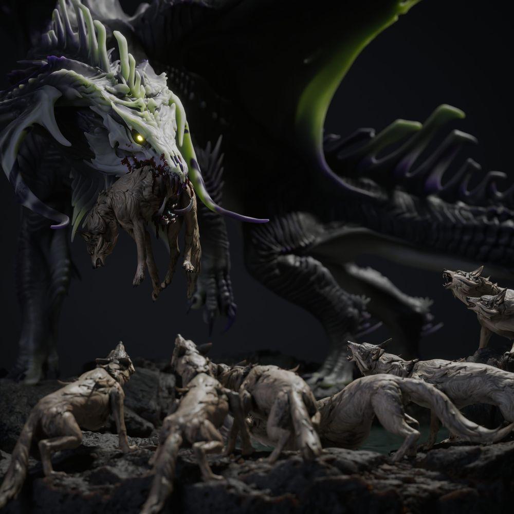 Photo du produit Tabletop 28mm Lord of the Print (LotP) 1: Tabletop Ensemble de miniatures fantastiques : Chasse au Dragon Noir - Dragon Noir avec chiens de chasse sur base rocheuse scénique (26_03_A1)
