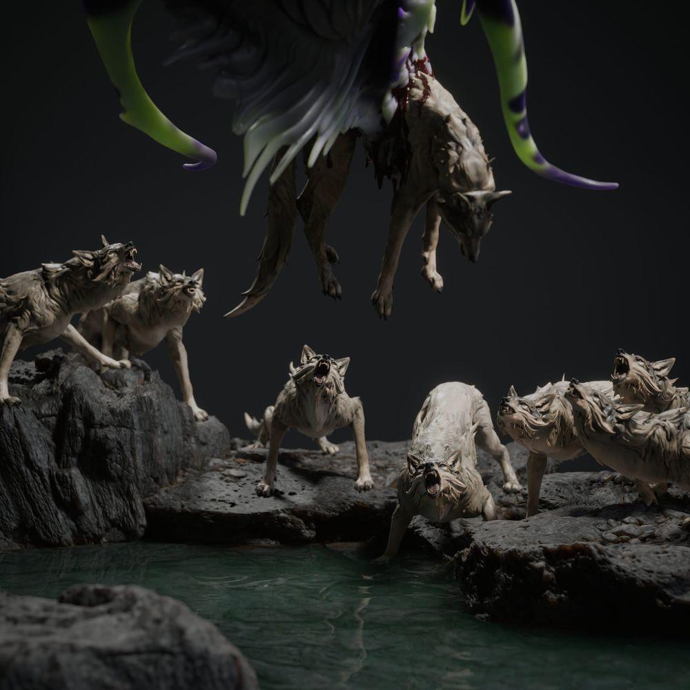 Photo du produit Tabletop 28mm Lord of the Print (LotP) 2: Tabletop Ensemble de miniatures fantastiques : Chasse au Dragon Noir - Dragon Noir avec chiens de chasse sur base rocheuse scénique (26_03_A1)