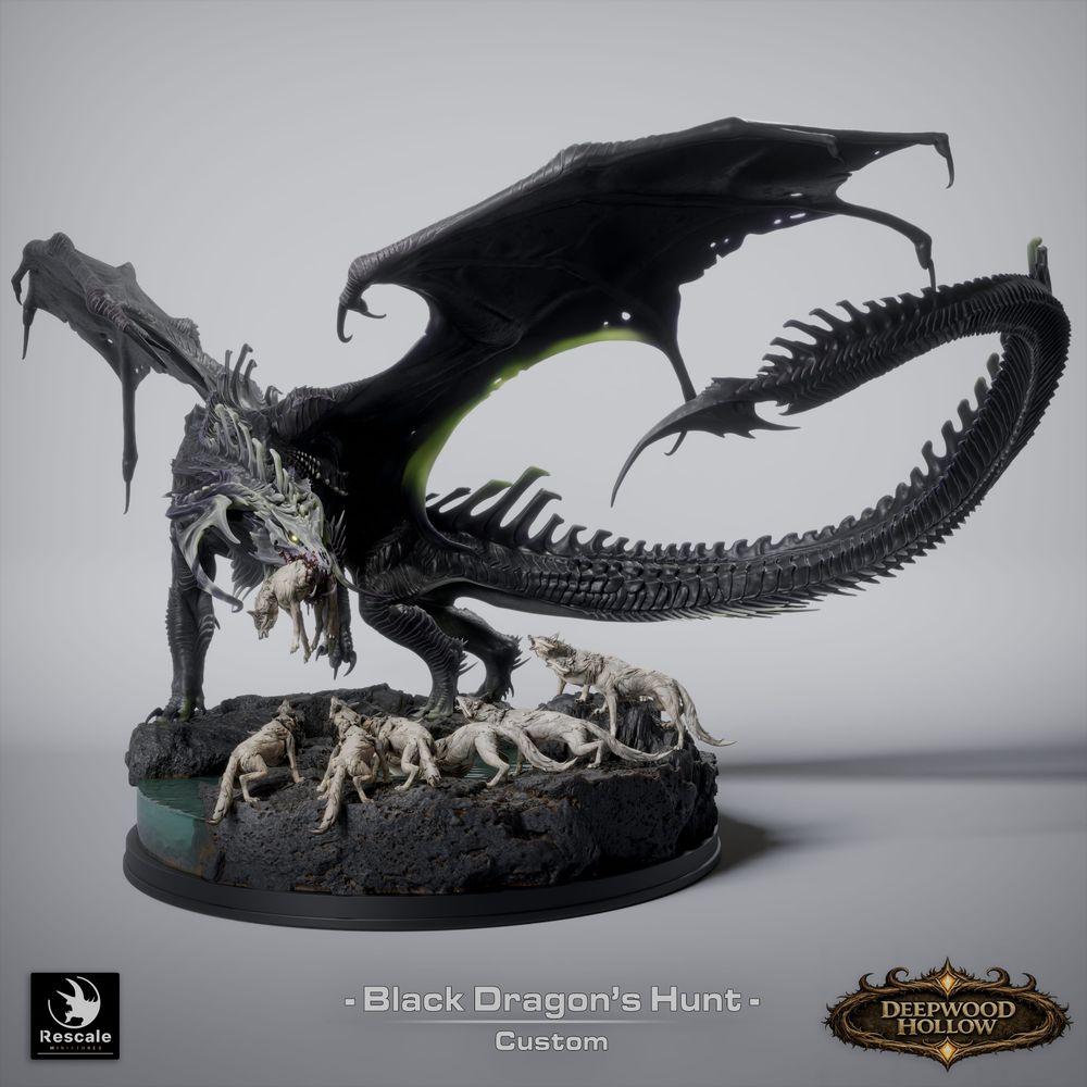 Photo du produit Tabletop 28mm Lord of the Print (LotP) 5: Tabletop Ensemble de miniatures fantastiques : Chasse au Dragon Noir - Dragon Noir avec chiens de chasse sur base rocheuse scénographique (26_03_A1)