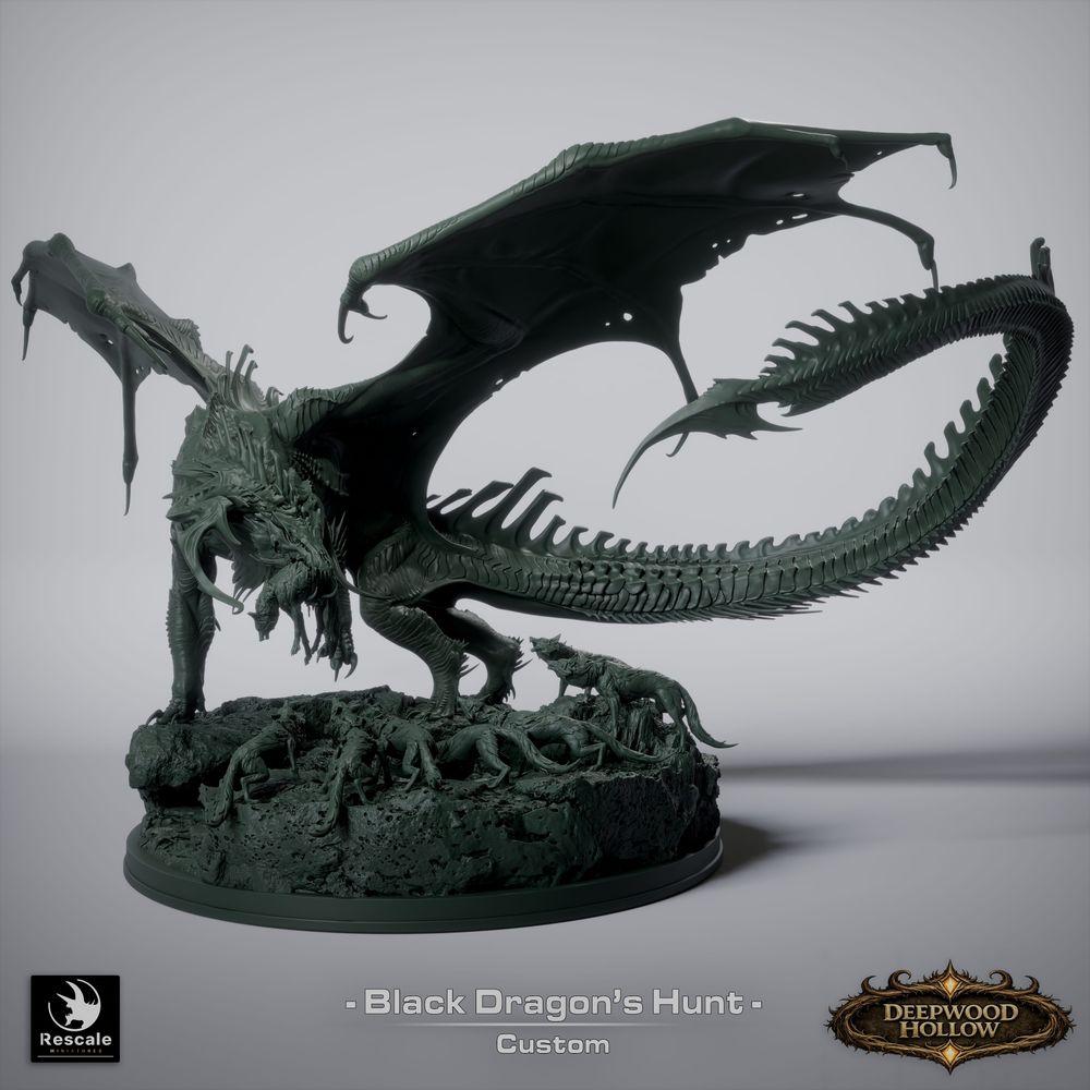 Photo de produit Tabletop 28mm Lord of the Print (LotP) 6: Tabletop Ensemble de miniatures fantastiques : Chasse au dragon noir - Dragon noir avec chiens de chasse sur base rocheuse scénographique (26_03_A1)