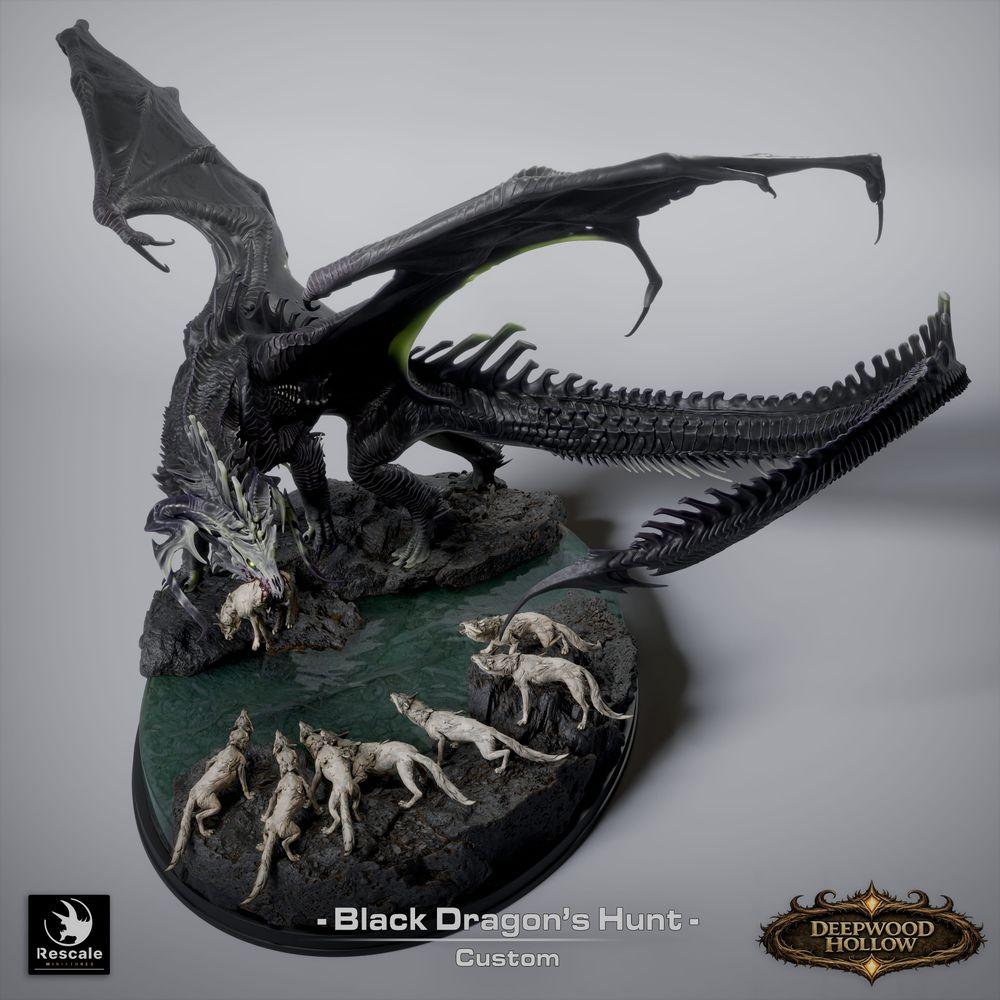 Photo de produit Tabletop 28mm Lord of the Print (LotP) 8: Tabletop Ensemble de miniatures fantastiques : Chasse au Dragon Noir - Dragon Noir avec chiens de chasse sur base rocheuse scénographique (26_03_A1)