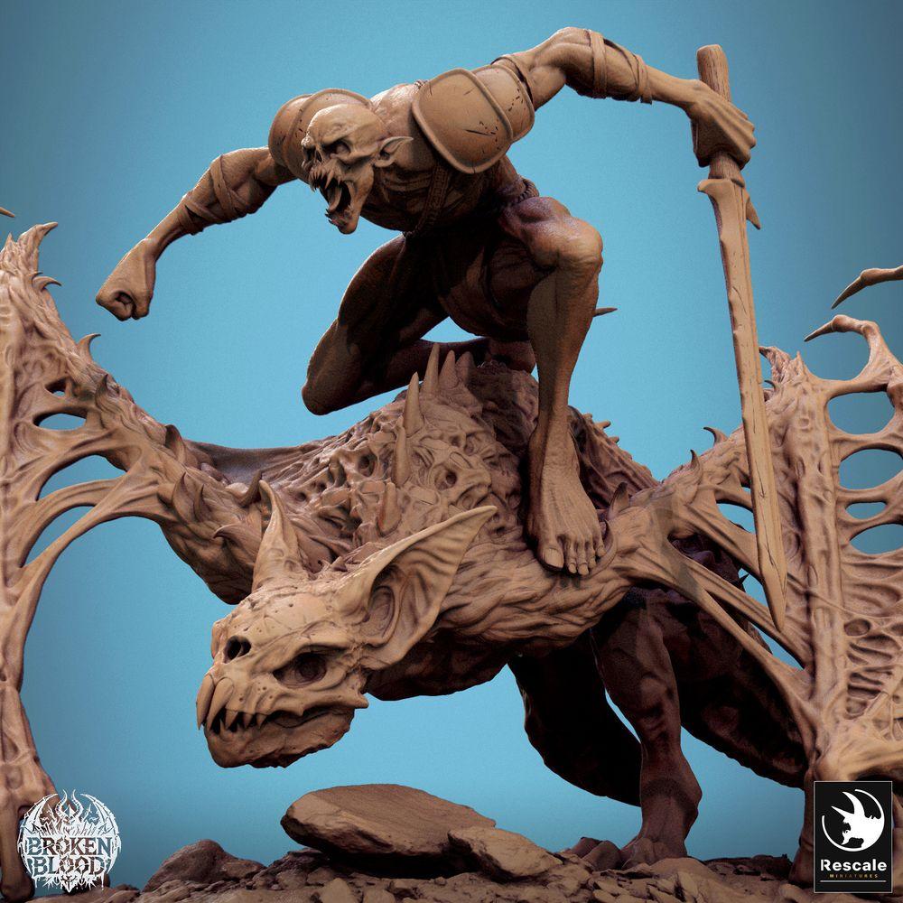 Photo de produit Tabletop 28mm Lord of the Print (LotP) 2 : Miniature Tabletop : Cavalier démon sur bête de la nuit, seigneur gargouille avec masque de crâne et arme à perche, cavalier monstre chasseur des enfers (24_11_D9)