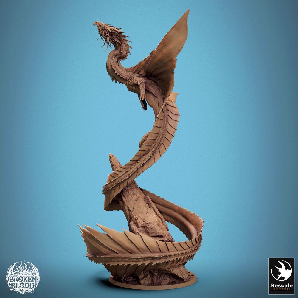Photo de produit Tabletop 28mm Lord of the Print (LotP) 1 : Miniature fantastique : Wyvern / Lindwurm Dragon, monstre boss montant sur base rocheuse, pose de vol dynamique (24_11_F1)