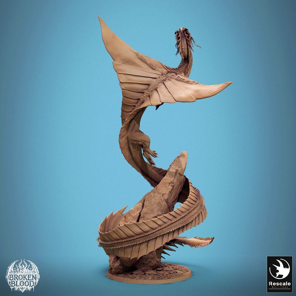 Photo de produit Tabletop 28mm Lord of the Print (LotP) 2 : Miniature fantastique : Wyvern / Lindwurm Dragon, monstre boss en vol sur socle rocheux, pose de vol dynamique (24_11_F1)