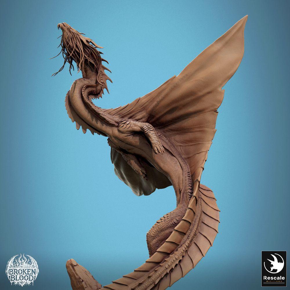 Photo de produit Tabletop 28mm Lord of the Print (LotP) 5 : Miniature fantastique : Wyvern / Lindwurm Dragon, monstre boss en ascension sur base rocheuse, pose de vol dynamique (24_11_F1)