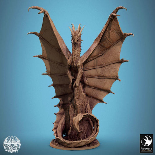 Photo de produit Tabletop 28mm Lord of the Print (LotP) 0 : Miniature Tabletop : Dragon doré / Gold Dragon - Dragon ancien, monstre légendaire avec ailes déployées sur aiguille rocheuse (24_11_A3)