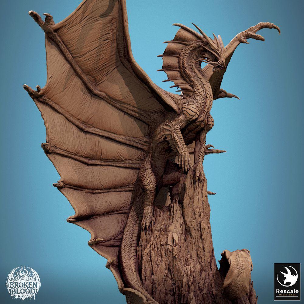Photo de produit Tabletop 28mm Lord of the Print (LotP) 3 : Miniature Tabletop : Dragon doré / Gold Dragon - Dragon ancien Urdrache, monstre légendaire avec ailes déployées sur aiguille rocheuse (24_11_A3)