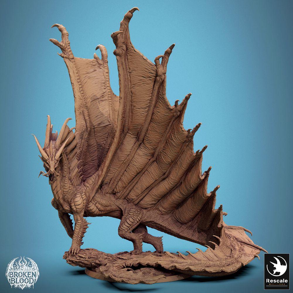 Photo de produit Tabletop 28mm Lord of the Print (LotP) 0 : Miniature Tabletop : Ancien Grand Dragon Wyrm, Lindwurm - Dragon d'Or, Figur de Boss, rugissant avec des ailes déployées sur une base rocheuse (24_11_A7)