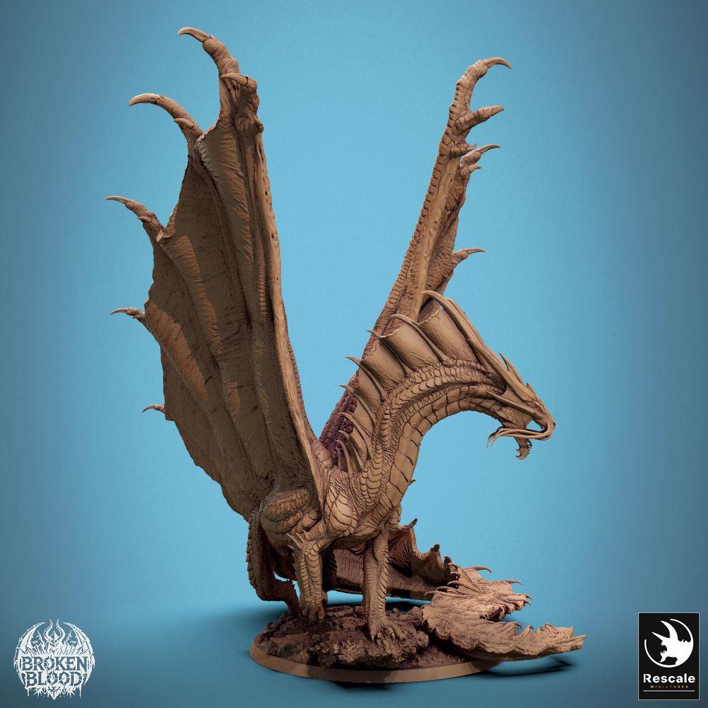 Photo de produit Tabletop 28mm Lord of the Print (LotP) 1 : Miniature Tabletop : Ancien Grand Dragon Wyrm, Lindwurm - Dragon d'Or, Figur de Boss, rugissant avec des ailes déployées sur une base rocheuse (24_11_A7)