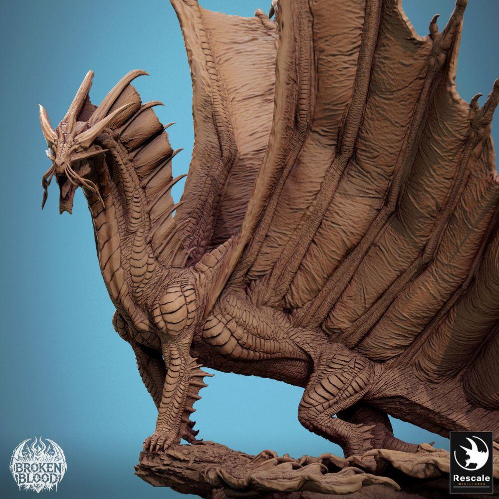 Photo de produit Tabletop 28mm Lord of the Print (LotP) 3 : Miniature Tabletop : Ancien Grand Dragon Wyrm, Lindwurm - Dragon d'Or, Figur de Boss Monstre, rugissant avec des ailes déployées sur une base rocheuse (24_11_A7)