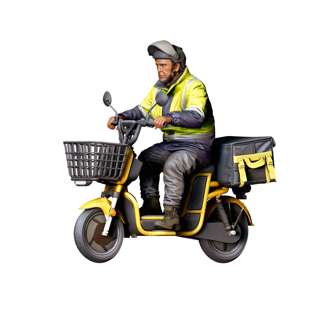 Diorama Modellbau Produktfoto 1: Sitzende Figur: Lieferfahrer auf Motorroller mit Frontkorb & Transportbox (Ref. Nr. 518)
