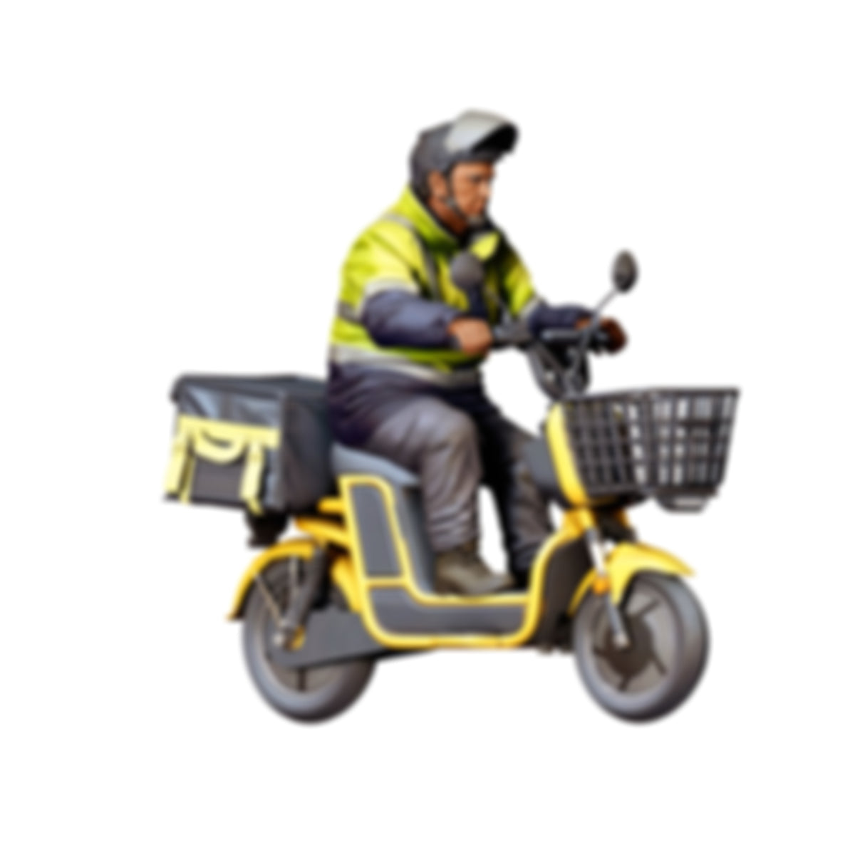 Diorama Modellbau Produktfoto 2: Sitzende Figur: Lieferfahrer auf Motorroller mit Frontkorb & Transportbox (Ref. Nr. 518)