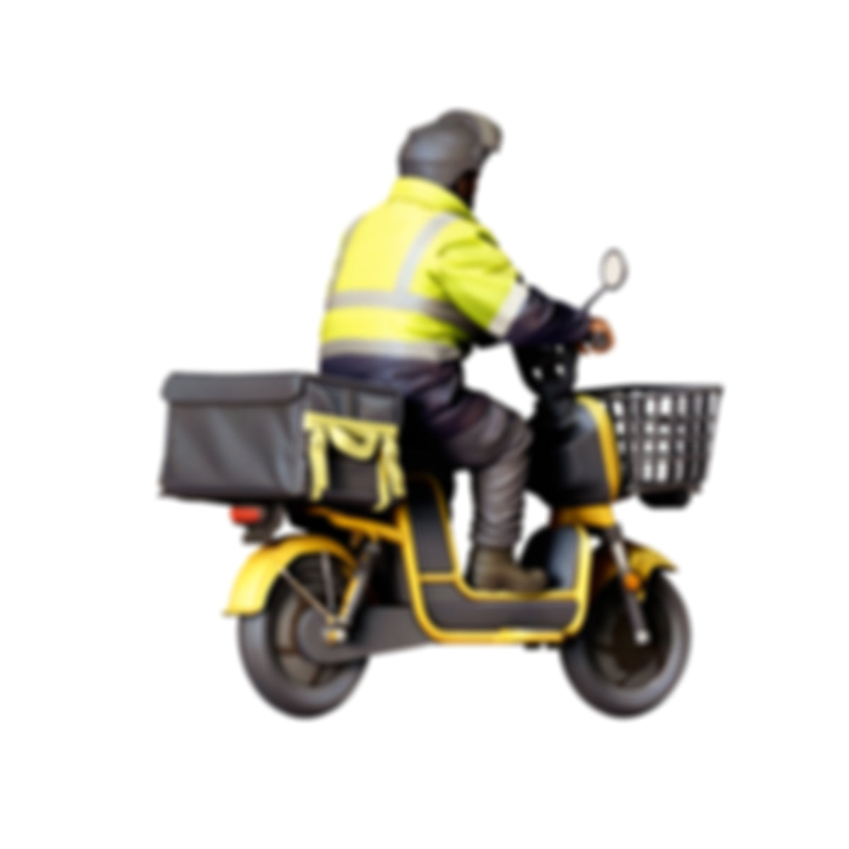 Diorama Modellbau Produktfoto 3: Sitzende Figur: Lieferfahrer auf Motorroller mit Frontkorb & Transportbox (Ref. Nr. 518)