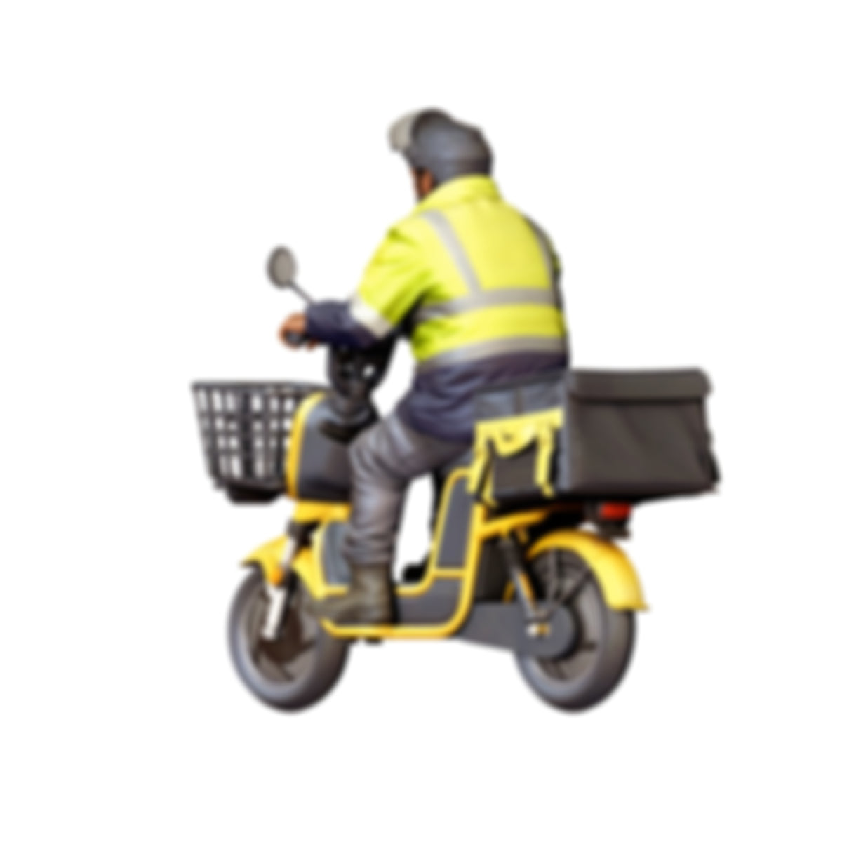 Diorama Modellbau Produktfoto 4: Sitzende Figur: Lieferfahrer auf Motorroller mit Frontkorb & Transportbox (Ref. Nr. 518)