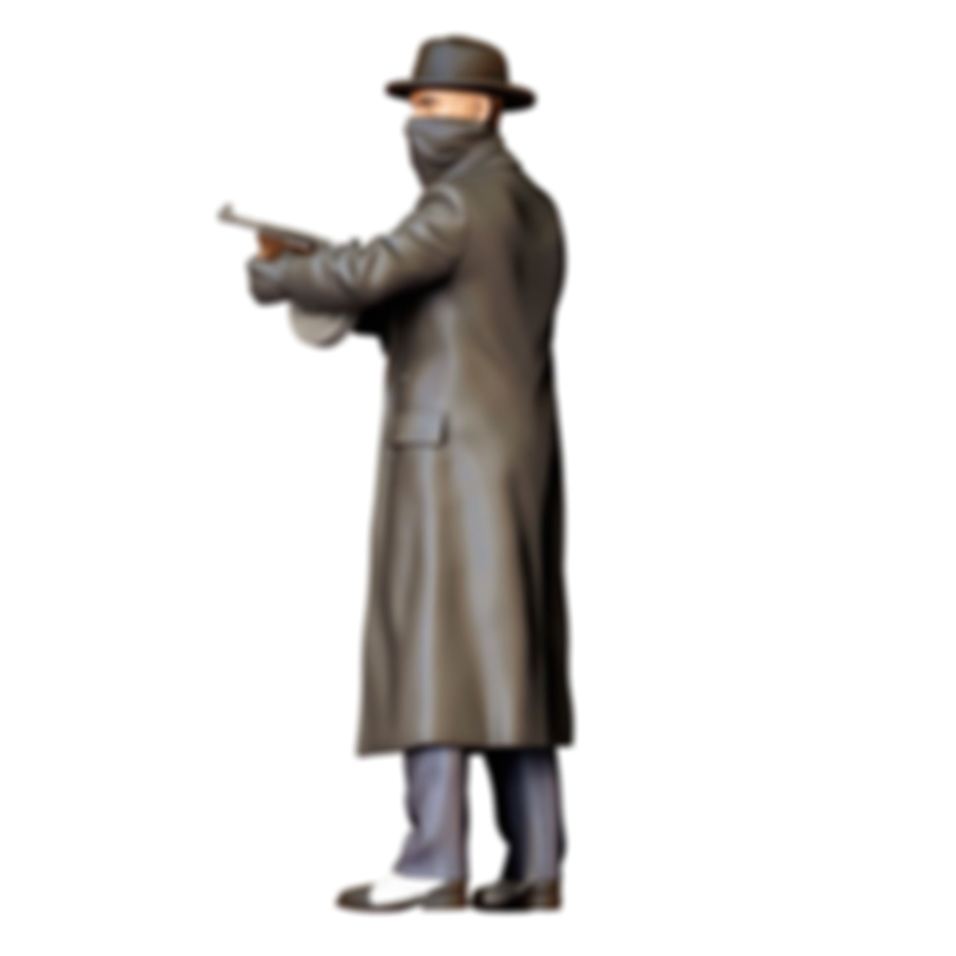 3DP Miniatures 2: Stehende Figur: Mann im Mantel mit Hut & Maschinenpistole mit Trommelmagazin (Ref. Nr. 515)