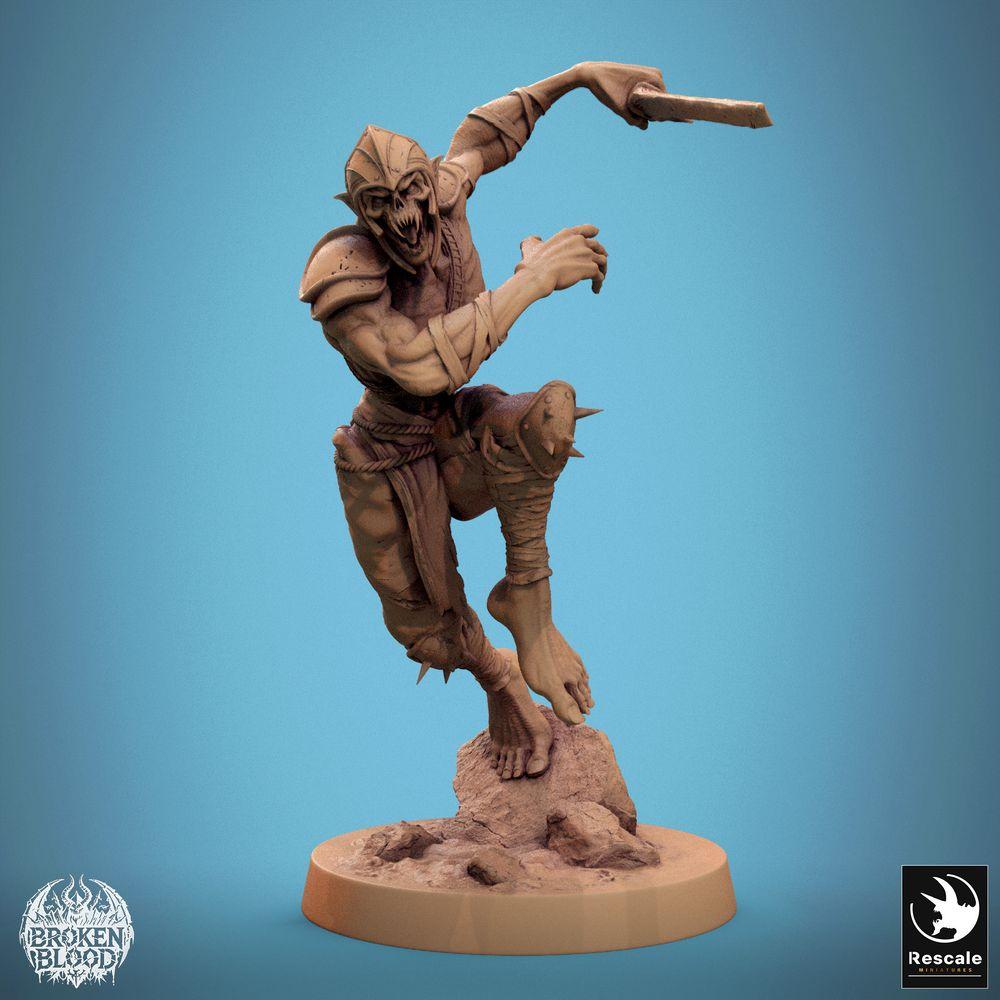 Photo de produit Tabletop 28mm Lord of the Print (LotP) 0 : Miniature Tabletop : Ghoul Ravager - Voleur/Assassin mort-vivant en saut, combattant de mêlée avec casque et épée courte, socle en roche (24_11_C5)