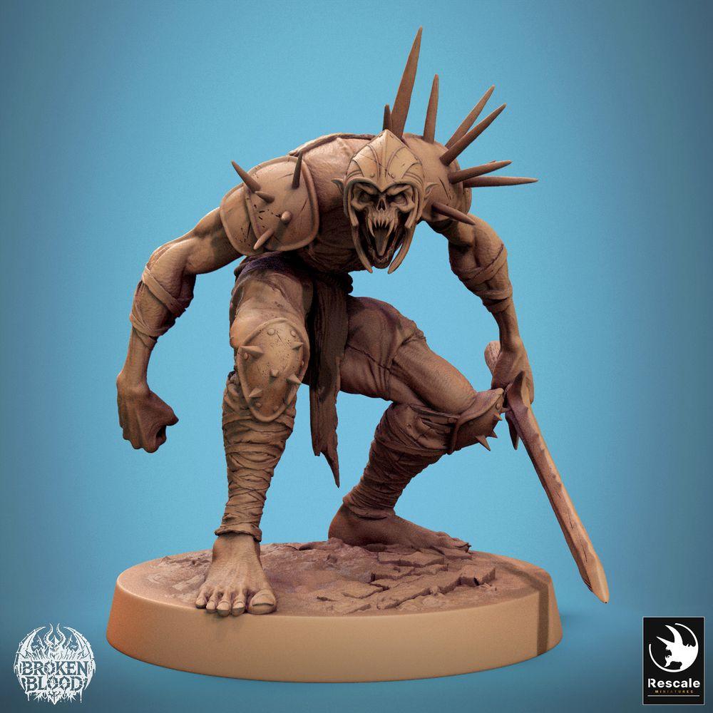 Photo de produit Tabletop 28mm Lord of the Print (LotP) 0 : Miniature Tabletop : Ravageur Ghoul - Champion Ghoul, berserker/soldat mort-vivant avec une dague en position d'attaque accroupie, casque à piquants (24_11_C9)