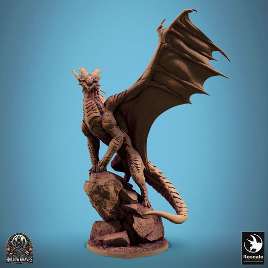 Photo de produit Tabletop 28mm Lord of the Print (LotP) 0 : Miniature Tabletop : Ancien Grand Dragon sur surplomb rocheux - Dragon des montagnes Lindwurm avec ailes déployées, Boss monstre Dragon Seigneur (24_10_D2)