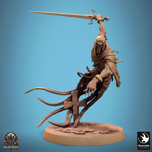 Image du produit Tabletop 28mm Lord of the Print (LotP) 0 : Miniature Tabletop : Wraith Mort-vivant Chevalier des Esprits, bourreau spectral avec épée longue en coup au-dessus de la tête, flottant, base de pierre tombale (24_10_B1)