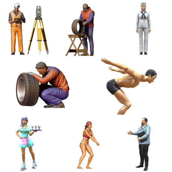 Image de catégorie pour diorama et modélisme : 8 figurines miniatures imprimées en 3D, dont une serveuse, un nageur, un mécanicien avec un pneu, un ouvrier et un marin.