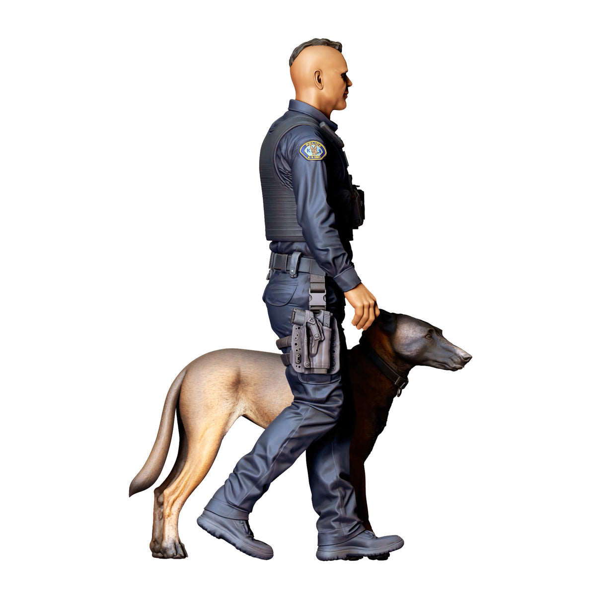 Diorama Modellbau Produktfoto 2: Stehende Figur: Polizist in Einsatzkleidung mit Diensthund (Ref. Nr. 524)
