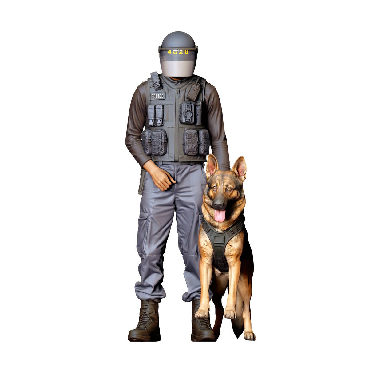 Diorama Modellbau Produktfoto 0: Diorama Figur: Stehender Polizist in Schutzausrüstung mit sitzendem Diensthund (Ref. Nr. 526)