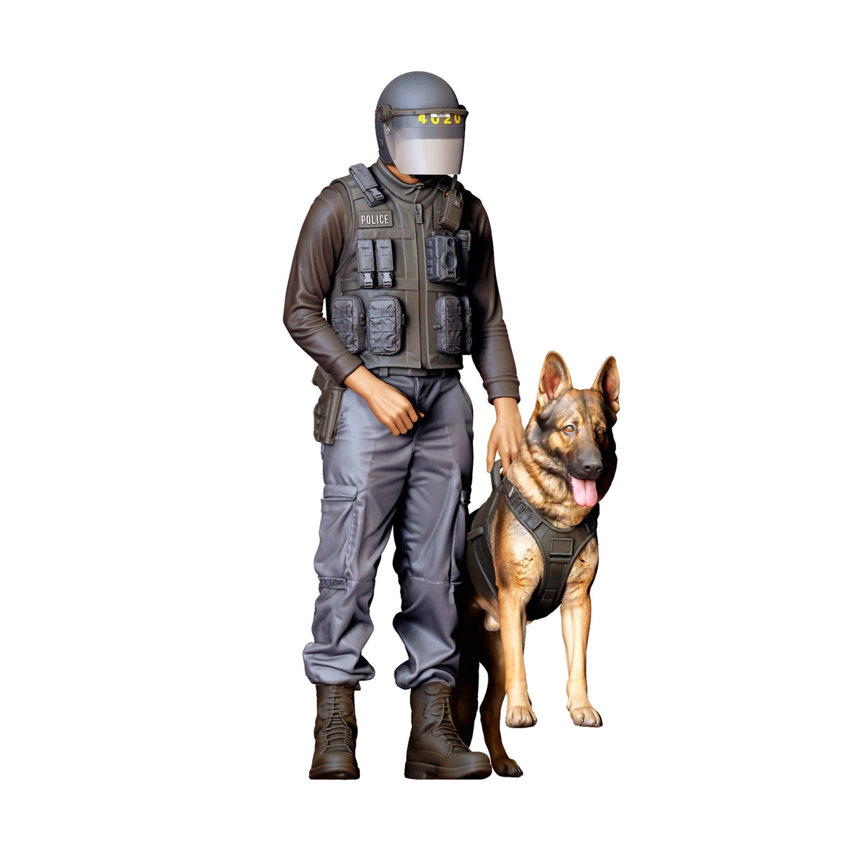 Diorama Modellbau Produktfoto 1: Diorama Figur: Stehender Polizist in Schutzausrüstung mit sitzendem Diensthund (Ref. Nr. 526)